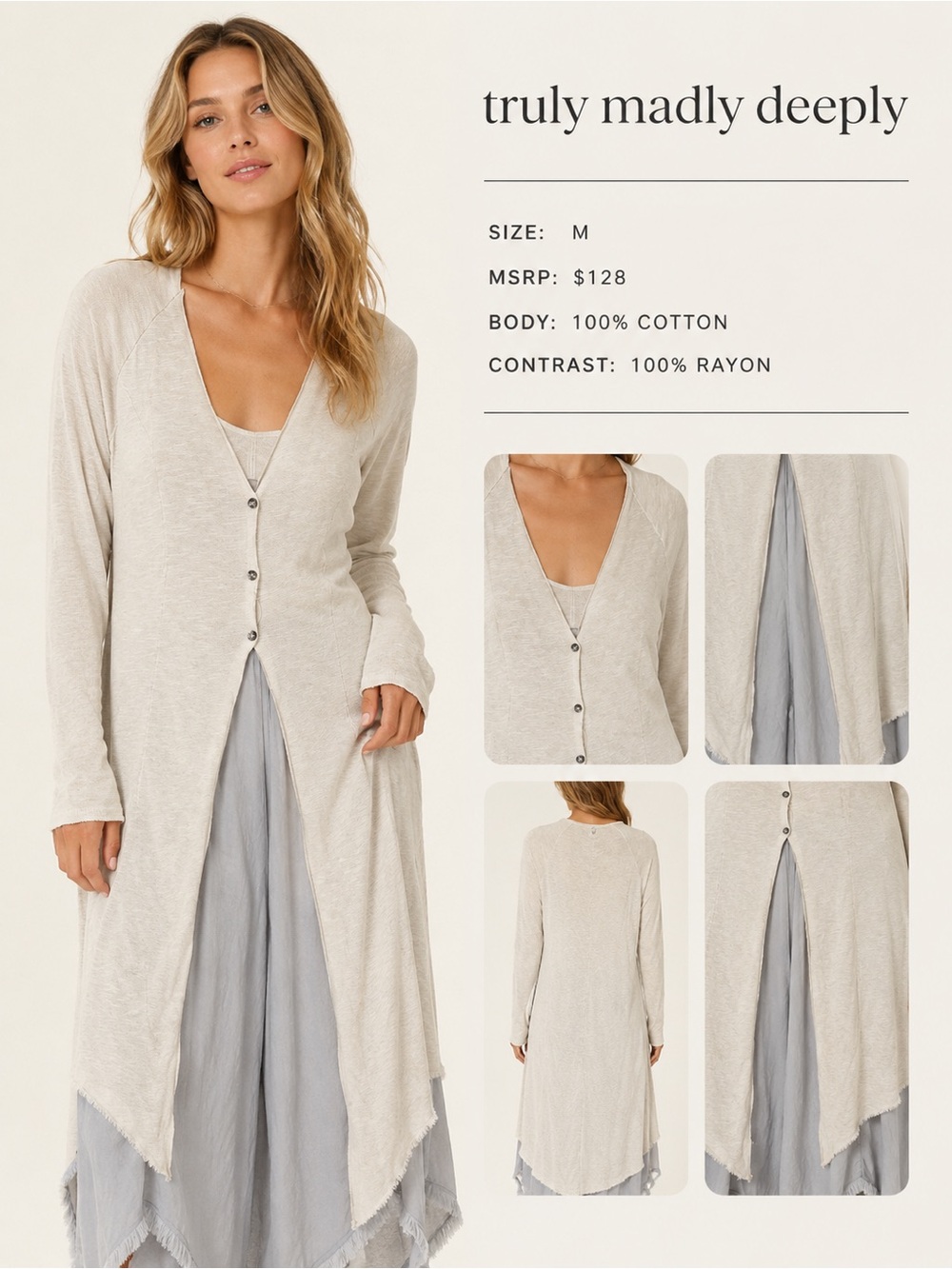 Truly Madly Deeply Light Beige Long Button Cardigan size M